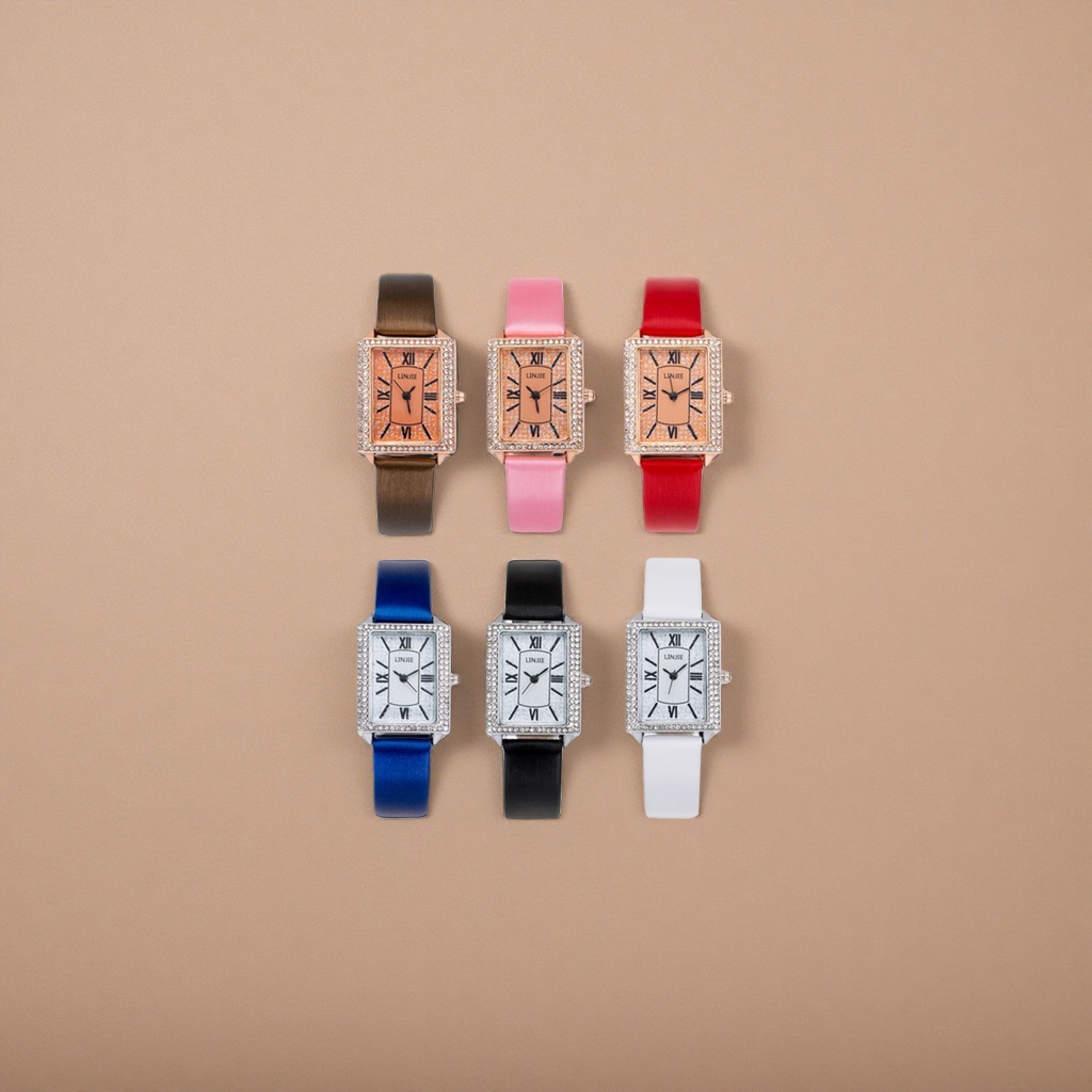 Six diamond-encrusted square dial watches with multi-color leather straps details Picture