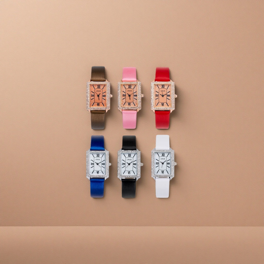 Six diamond-encrusted square dial watches with multi-color leather straps