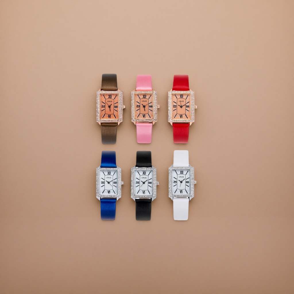 Six diamond-encrusted square dial watches with multi-color leather straps Specification image