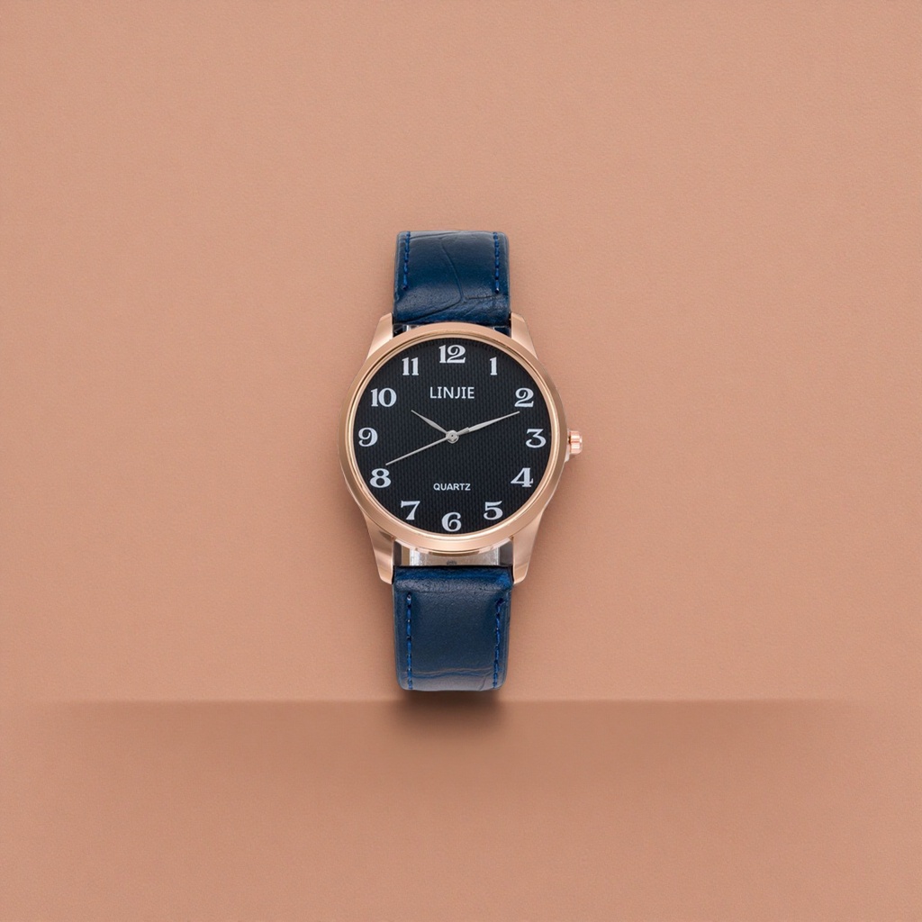 A ladies' watch with a blue leather strap, rose gold frame and black dial Application Scenario
