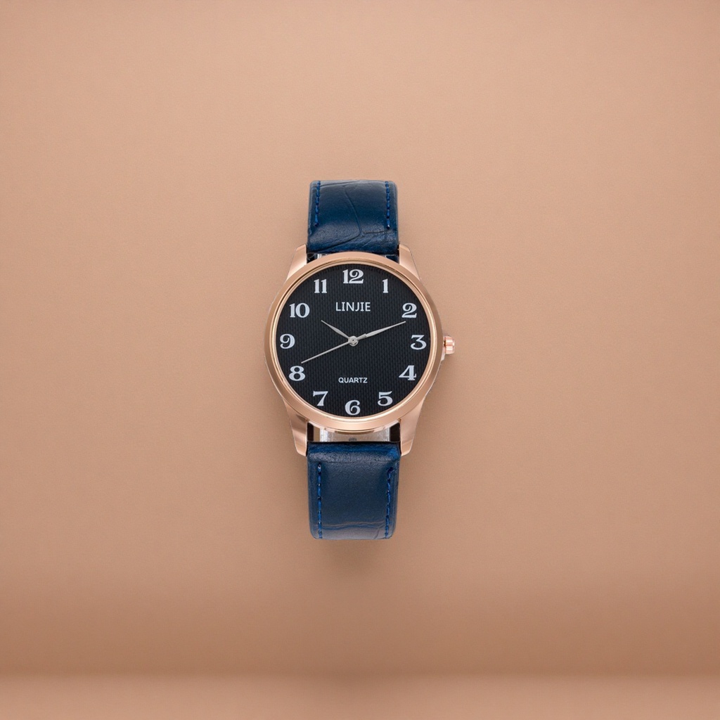 A ladies' watch with a blue leather strap, rose gold frame and black dial Specification image