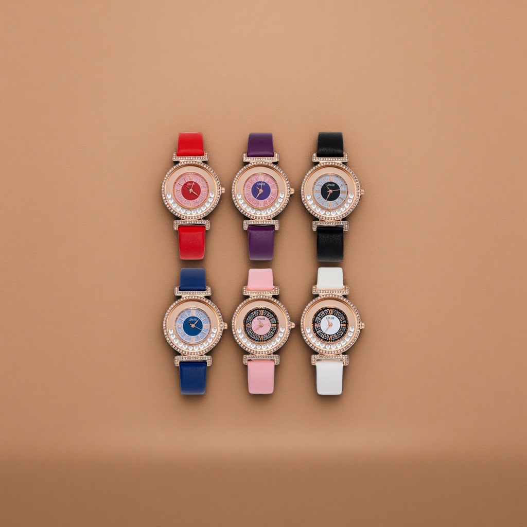 Six ladies' watches with diamond-encrusted dials come with red, purple, black, blue, pink and white leather straps Specification image