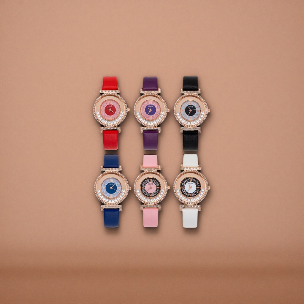 Six ladies' watches with diamond-encrusted dials come with red, purple, black, blue, pink and white leather straps details Picture