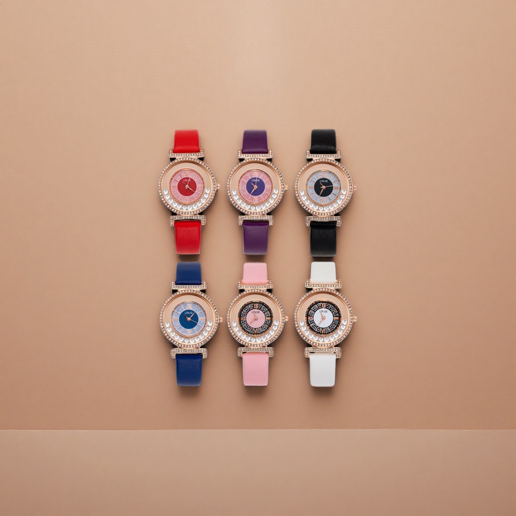 Six ladies' watches with diamond-encrusted dials come with red, purple, black, blue, pink and white leather straps Application Scenario