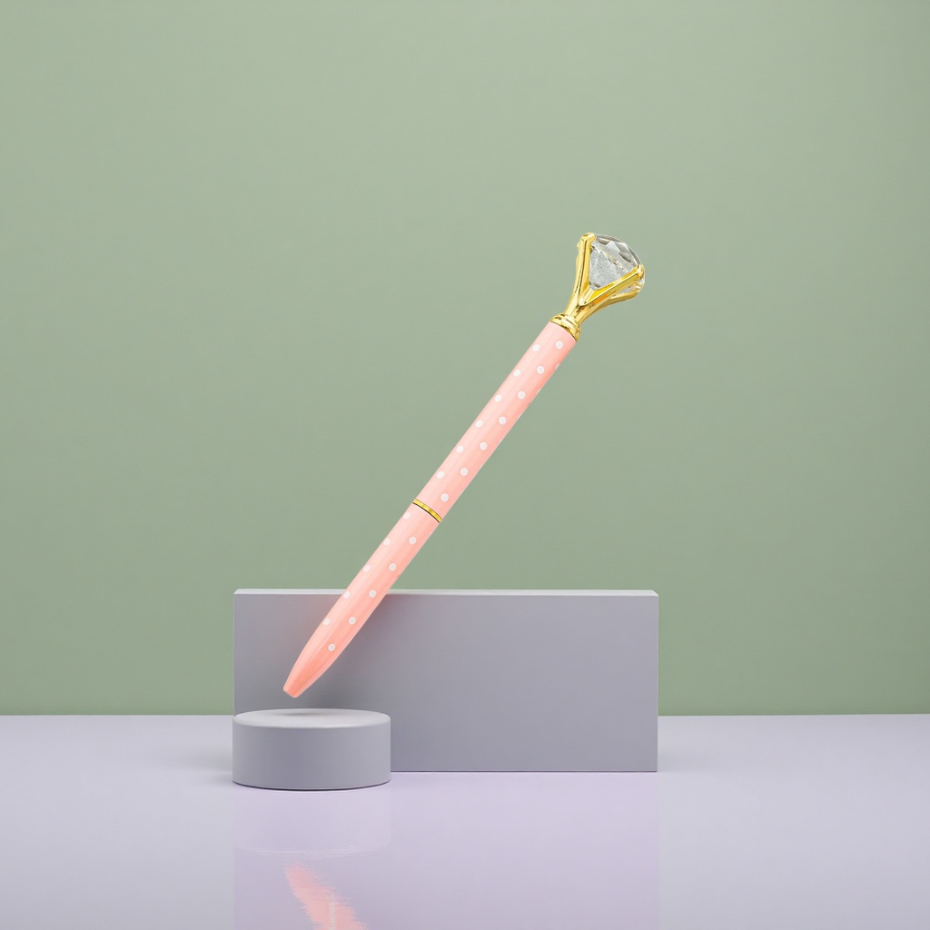 A pink polka dot pen body with a golden diamond cap and a gel pen Application Scenario