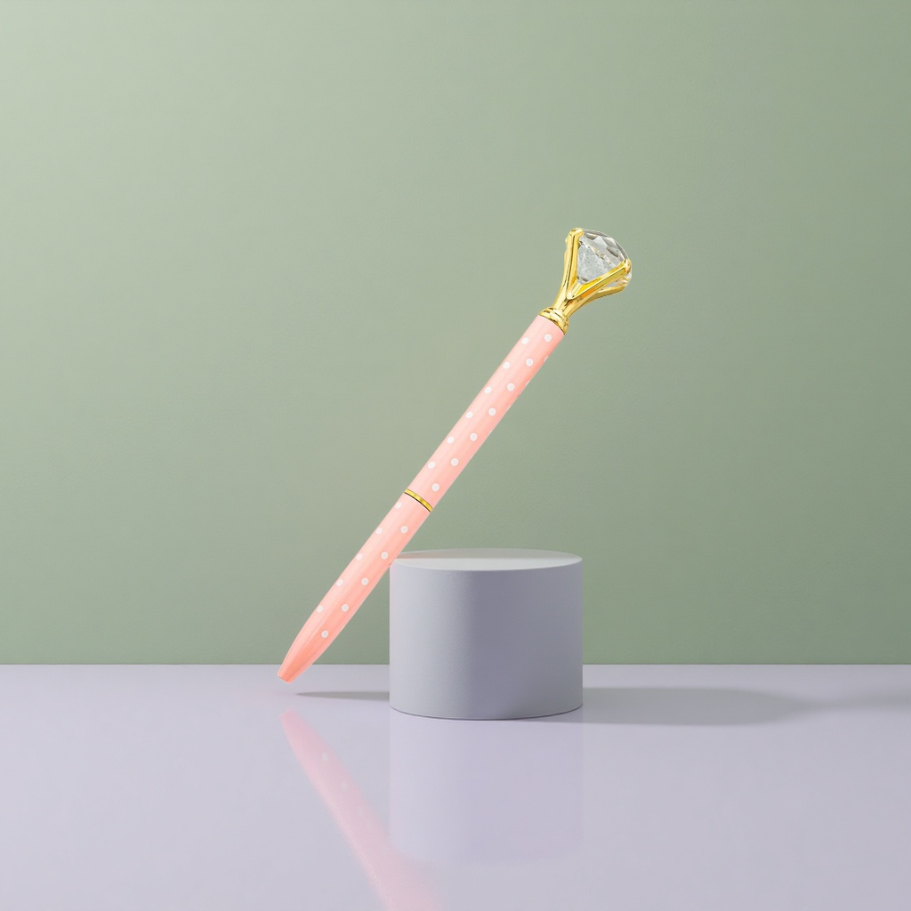 A pink polka dot pen body with a golden diamond cap and a gel pen Specification image
