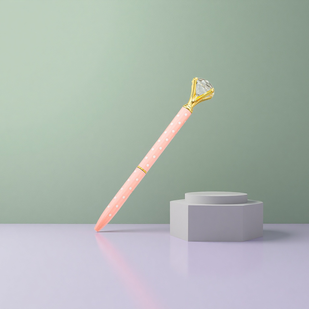 A pink polka dot pen body with a golden diamond cap and a gel pen details Picture