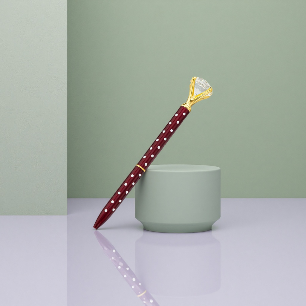 A wine red polka dot pen body with a golden diamond-encrusted cap