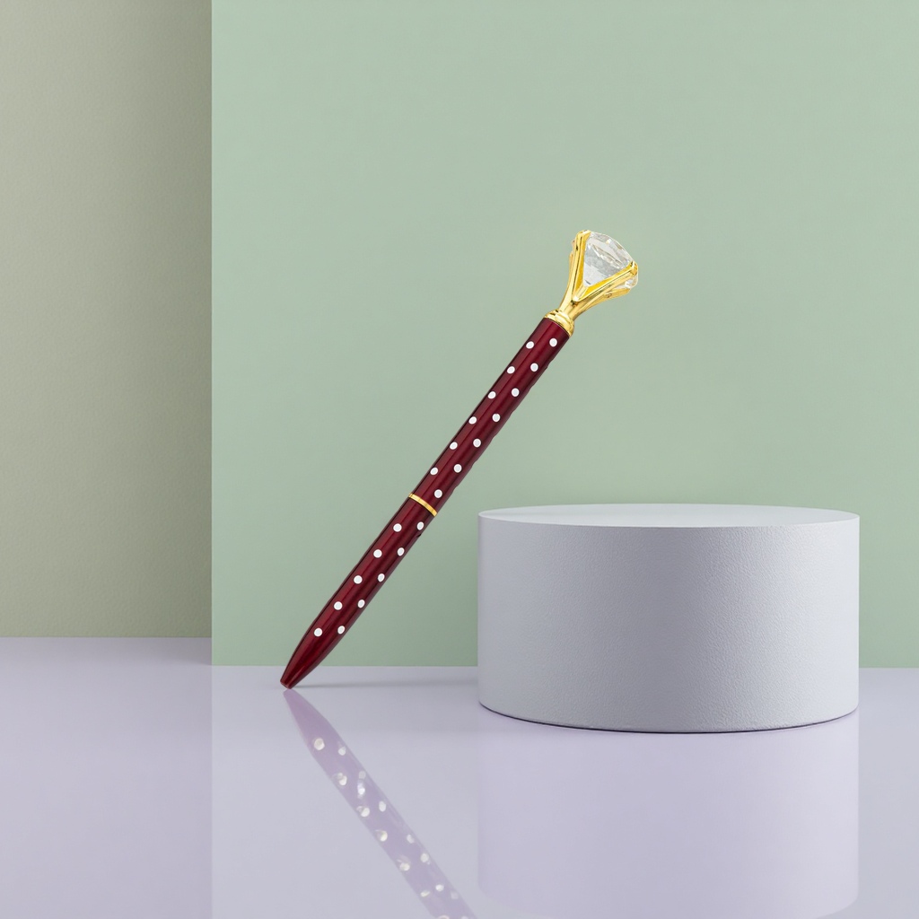 A wine red polka dot pen body with a golden diamond-encrusted cap details Picture