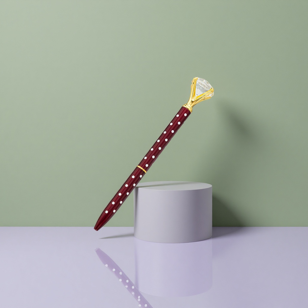 A wine red polka dot pen body with a golden diamond-encrusted cap Application Scenario