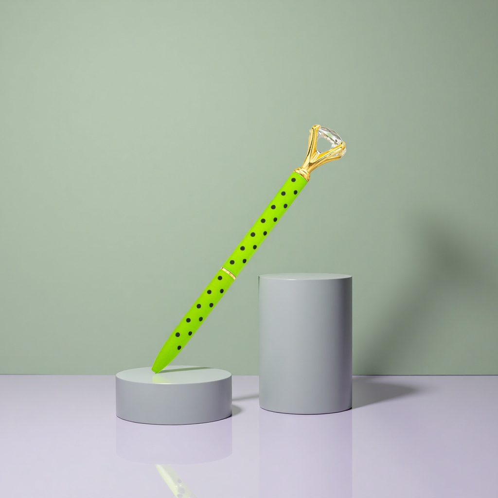 A gel pen with a green polka dot body and a golden diamond-encrusted cap details Picture