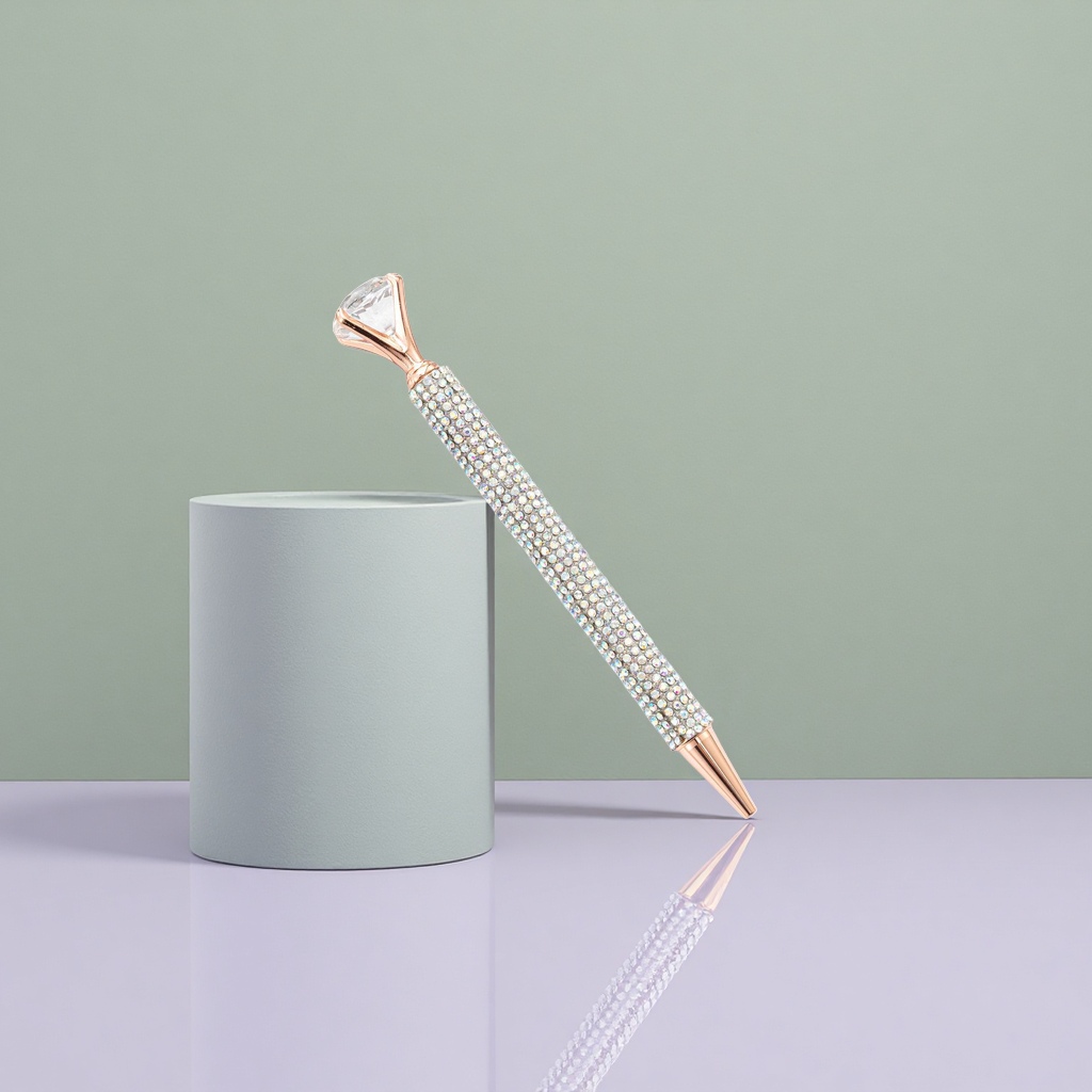 The diamond-encrusted rose gold signature pen has a metallic texture and is smooth for business and office writing details Picture