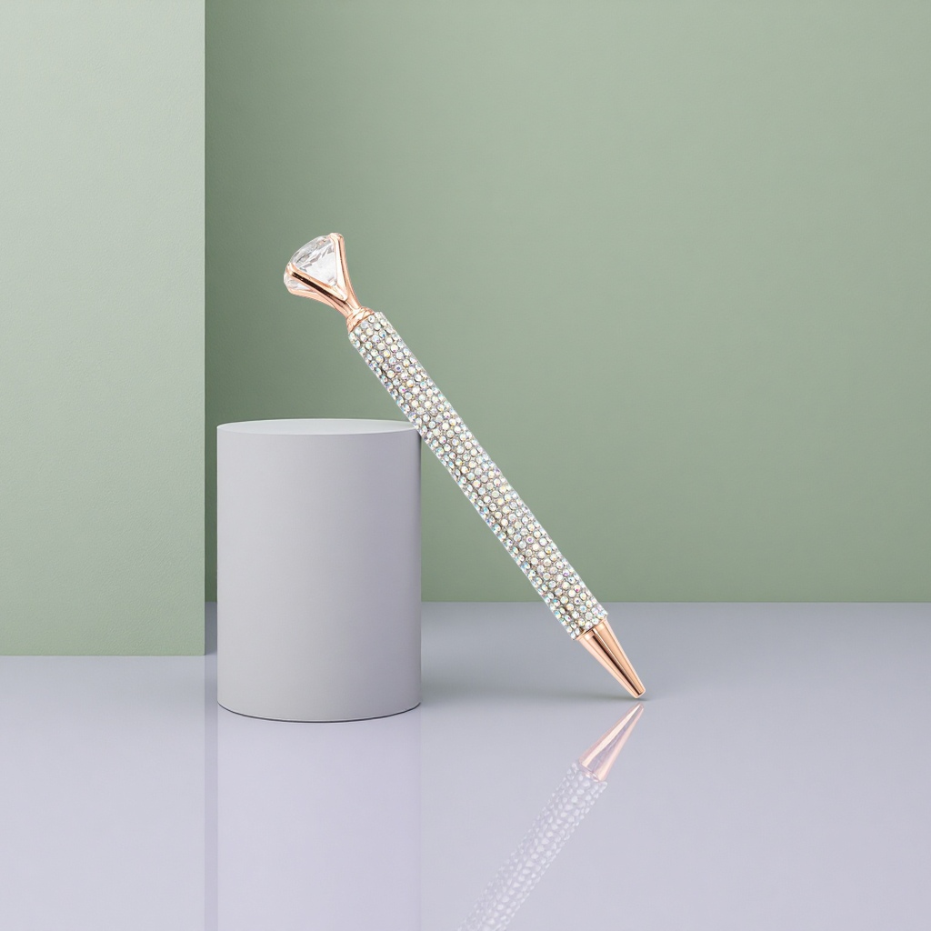 The diamond-encrusted rose gold signature pen has a metallic texture and is smooth for business and office writing