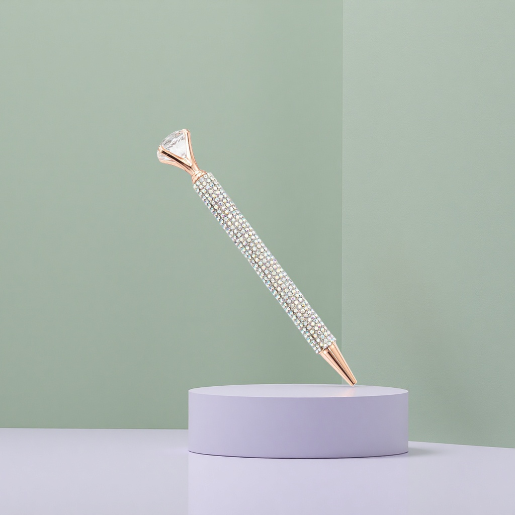 The diamond-encrusted rose gold signature pen has a metallic texture and is smooth for business and office writing Specification image