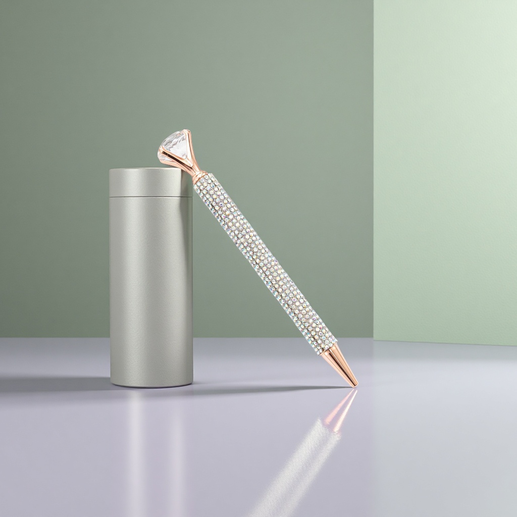 The diamond-encrusted rose gold signature pen has a metallic texture and is smooth for business and office writing Application Scenario