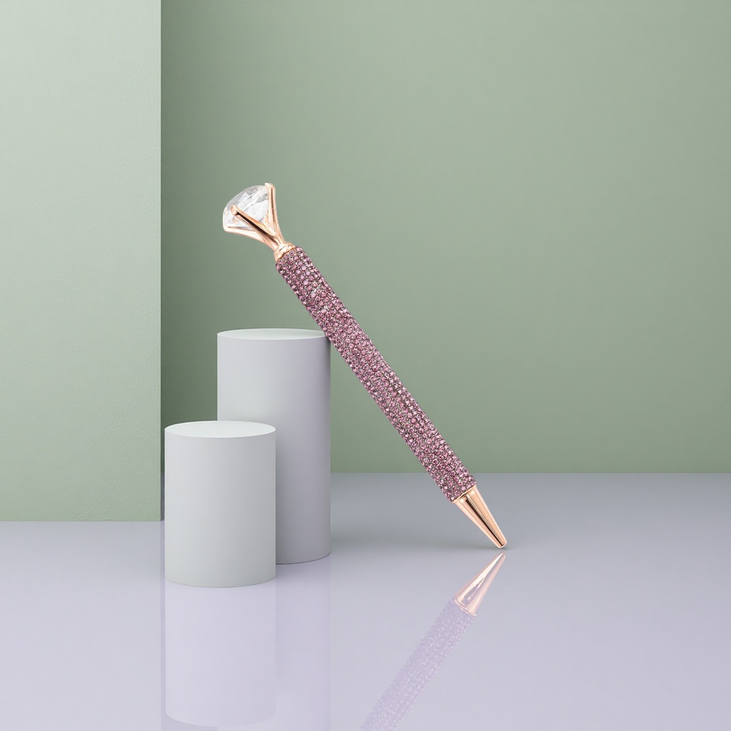 The pink rhinestone decorated pen is a fashionable and simple office writing tool