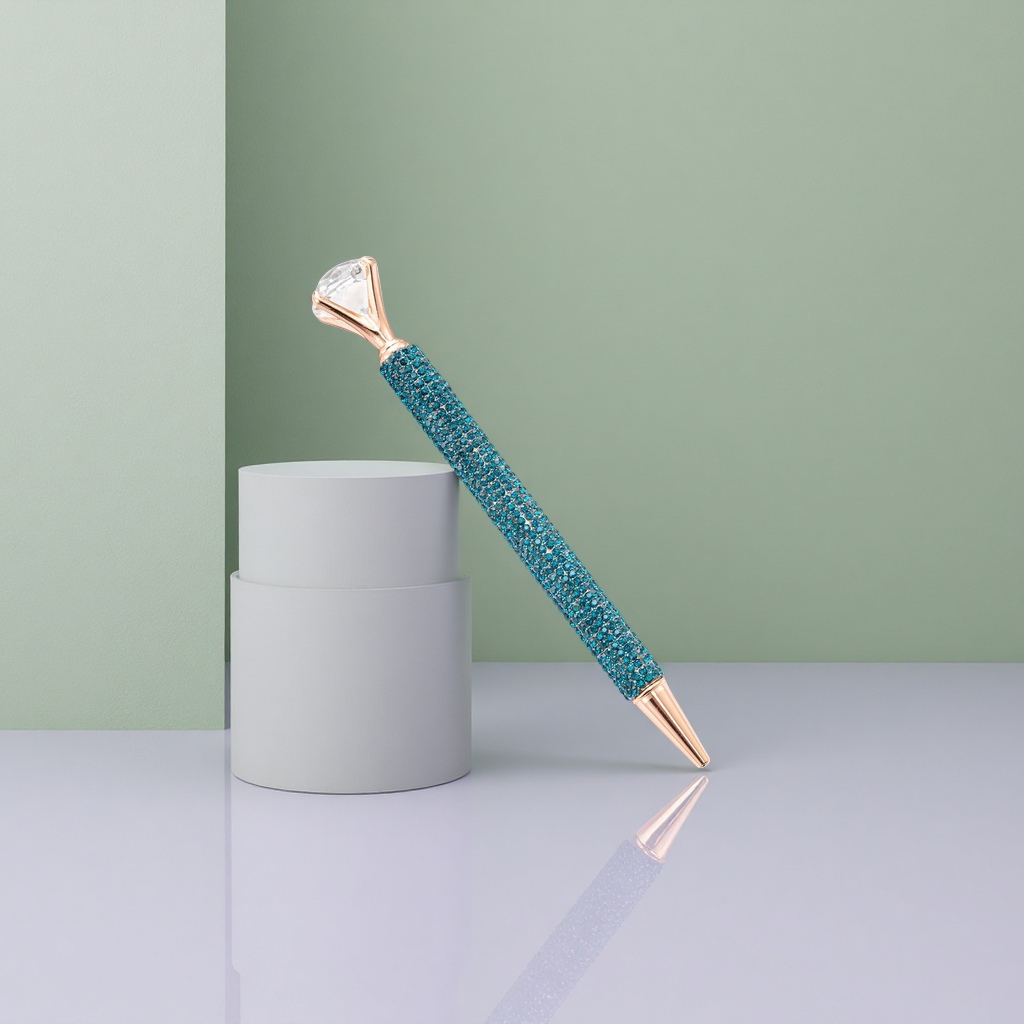 The blue rhinestone decorated pen features a rose gold nib and a diamond-shaped top clip