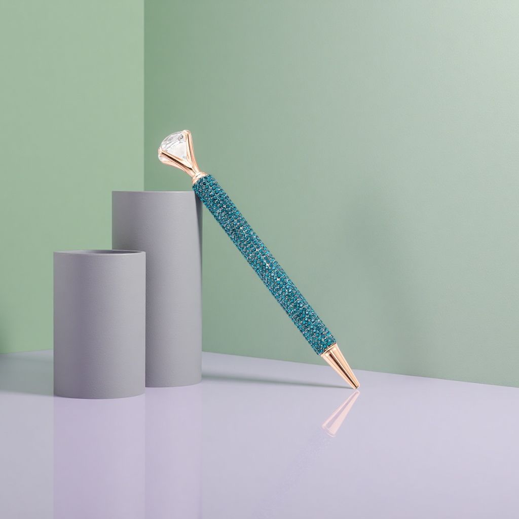 The blue rhinestone decorated pen features a rose gold nib and a diamond-shaped top clip Specification image