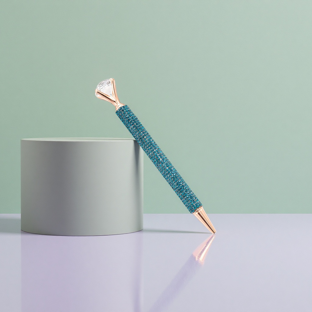 The blue rhinestone decorated pen features a rose gold nib and a diamond-shaped top clip details Picture