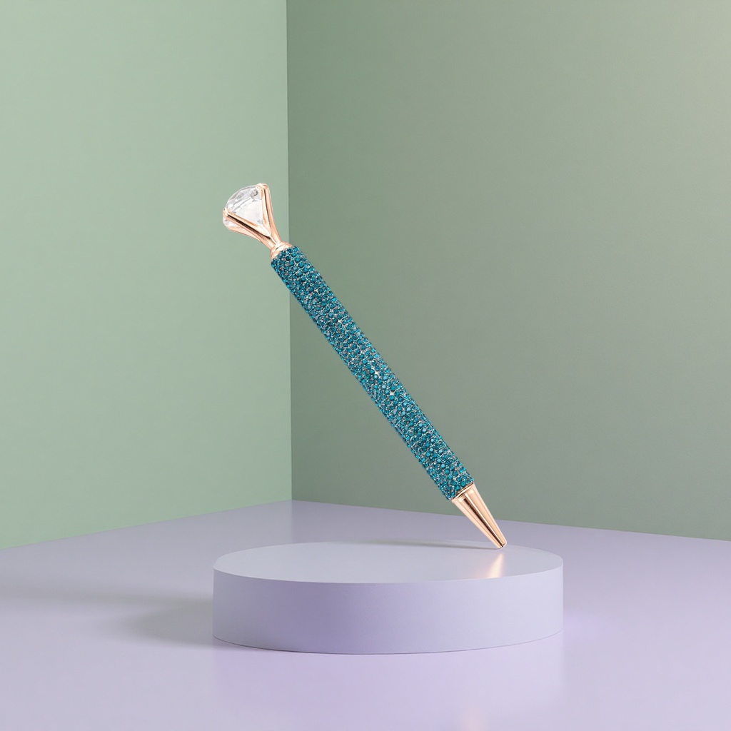 The blue rhinestone decorated pen features a rose gold nib and a diamond-shaped top clip Application Scenario