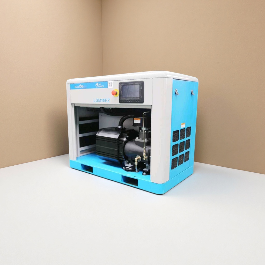 Blue and white industrial-grade air compressor