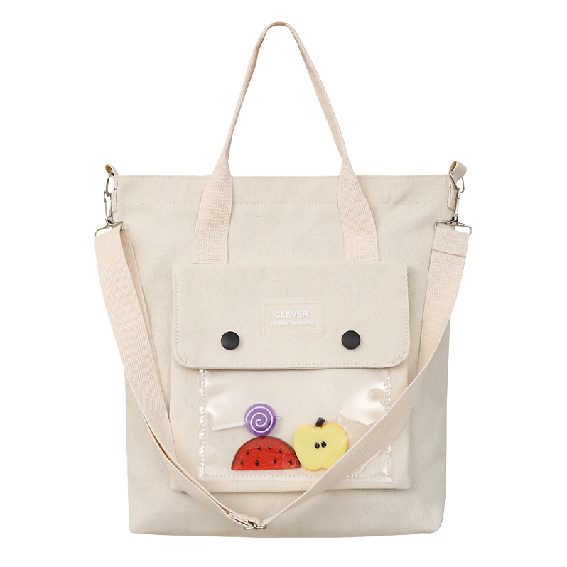Beige canvas bag with transparent pocket fruit decoration single-shoulder handbag Item Picture