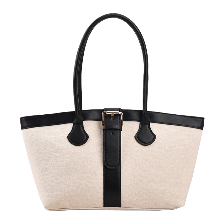 A casual single-shoulder bag in off-white canvas with a black leather handle decorative strap Item Picture
