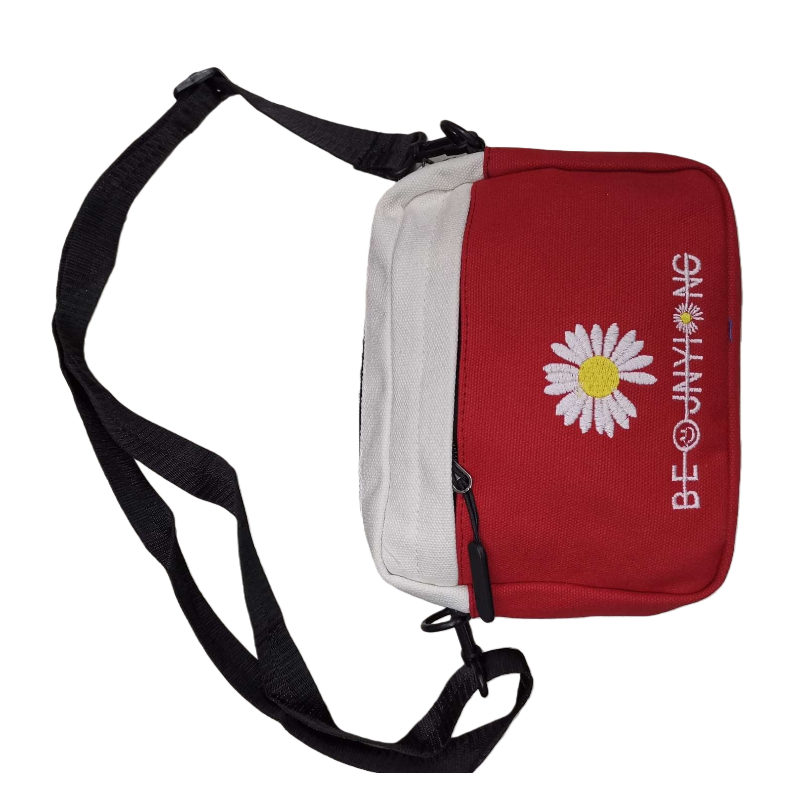 Red and white crossbody bag with white Daisy embroidery BE@JNYI NG and black adjustable shoulder strap Item Picture