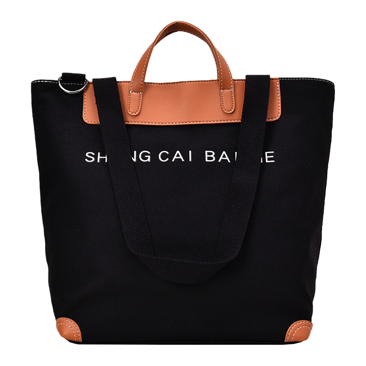 Black canvas tote bag, brown leather handbag, corner white SHANG CAI BA letters Item Picture
