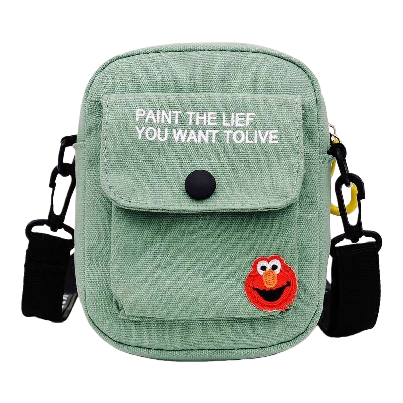 浅绿色帆布斜挎包正面白色字母PAINT THE LIFE YOU WANT TO LIVE黑色按扣红色艾摩刺绣 Item Picture