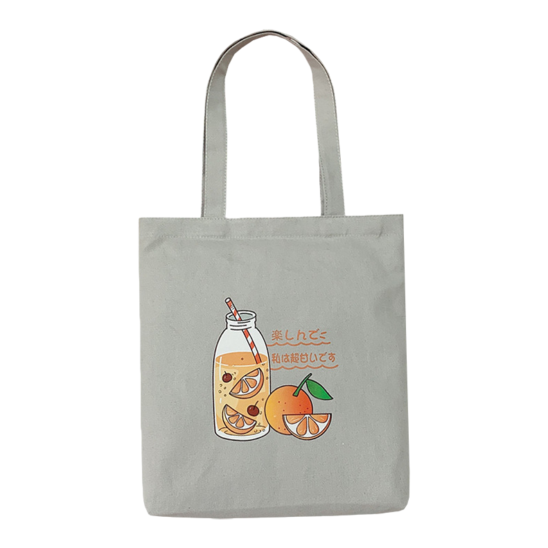 Grey canvas bag, orange juice illustration handbag, fashionable and casual single-shoulder bag Item Picture