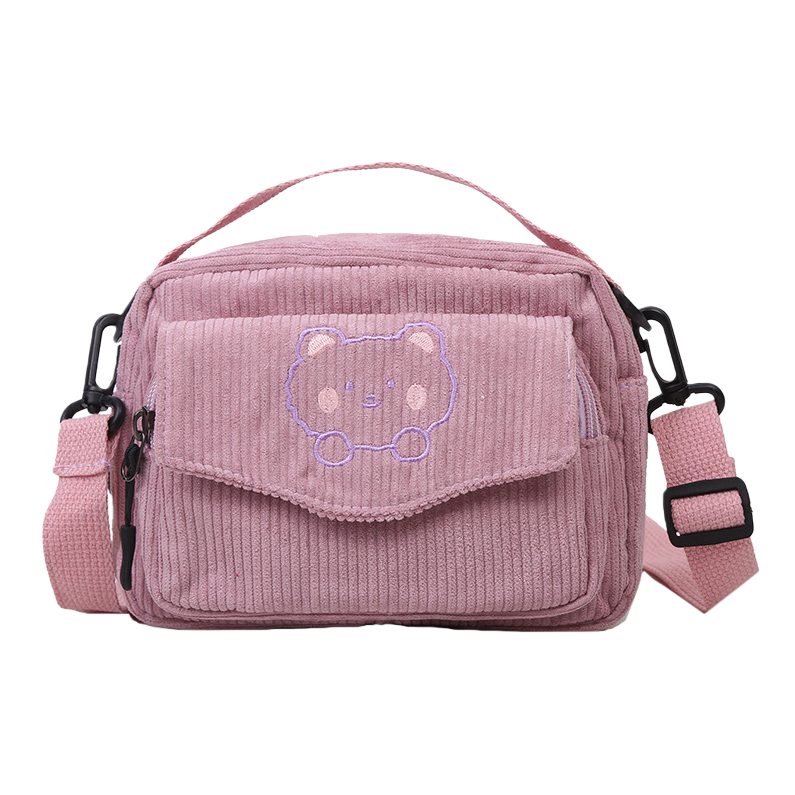 The pink corduroy bear-shaped crossbody bag is fashionable, versatile and lightweight for easy travel Item Picture