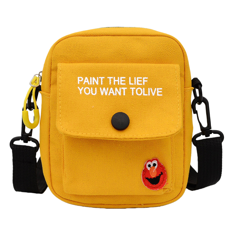 黄色帆布斜挎包正面白色PAINT THE LIEF YOU WANT TOLIVE文字配黑色按扣红色艾摩刺绣黑色可调节肩带 Item Picture