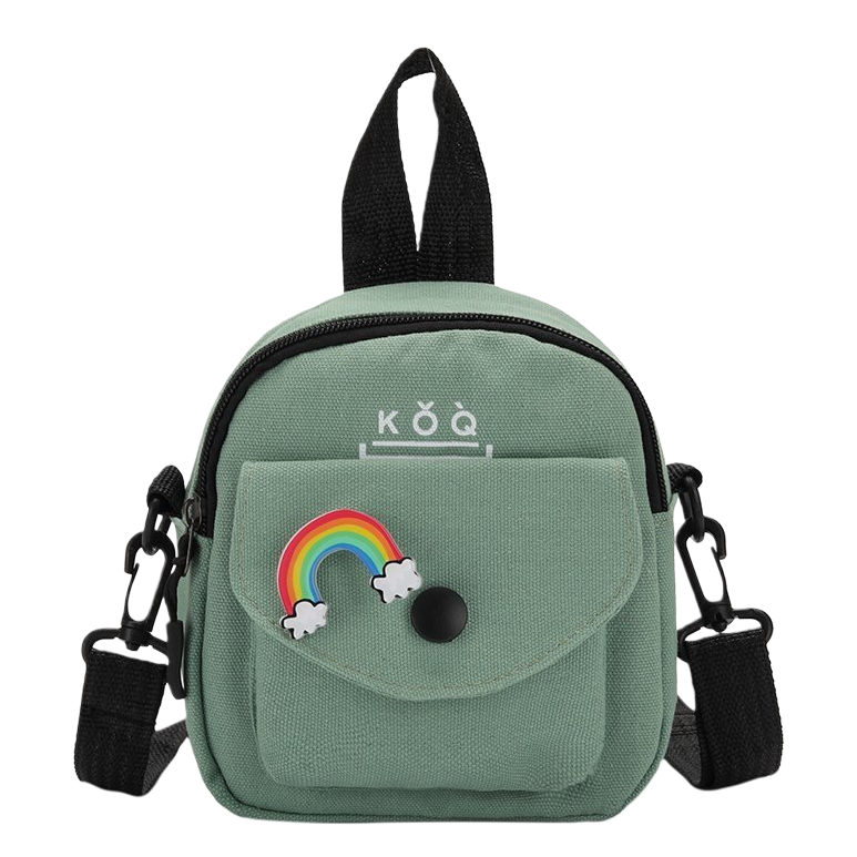 The green canvas small backpack has a rainbow cloud badge on the front, a black snap button and a black shoulder strap handle Item Picture