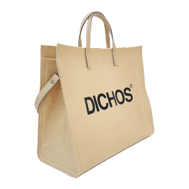The front of the beige canvas tote bag is printed with the black word "DICHOS" Item Picture