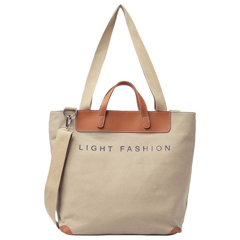 Beige canvas bag, brown leather decorated, LIGHT FASHION word casual shoulder bag Item Picture