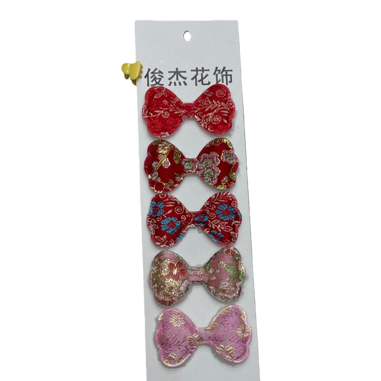 红色和粉色花纹蝴蝶结发夹白底实物图