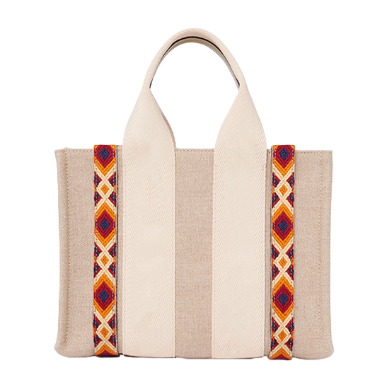 The beige canvas handbag has orange-red and blue geometric patterned webbing on both sides Item Picture