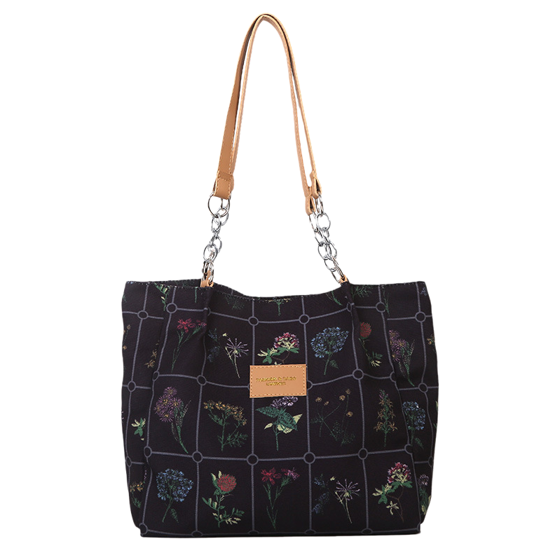Black floral pattern tote bag, large-capacity commuter casual ladies' handbag Item Picture