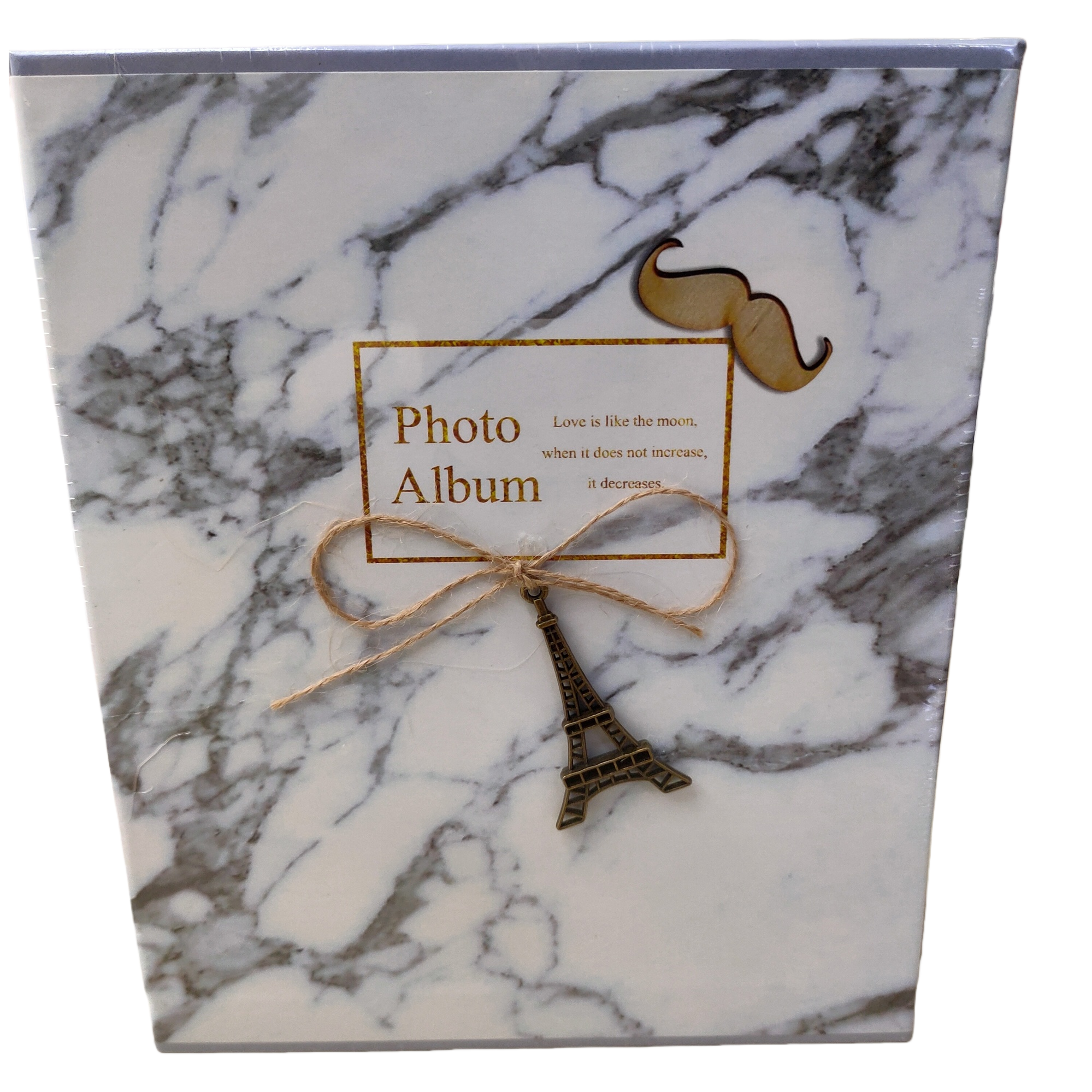 大理石纹相册，带金色边框文字“Photo Album”、胡须装饰、麻绳蝴蝶结及埃菲尔铁塔吊坠白底实物图