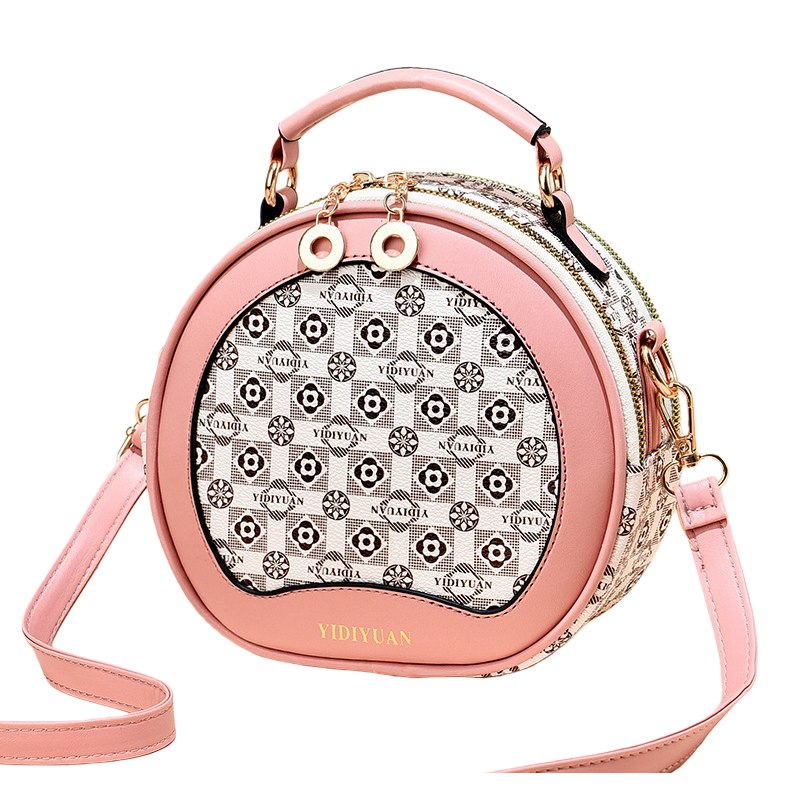 Pink round floral handbag with detachable shoulder strap, a fashionable single-shoulder bag for women Item Picture