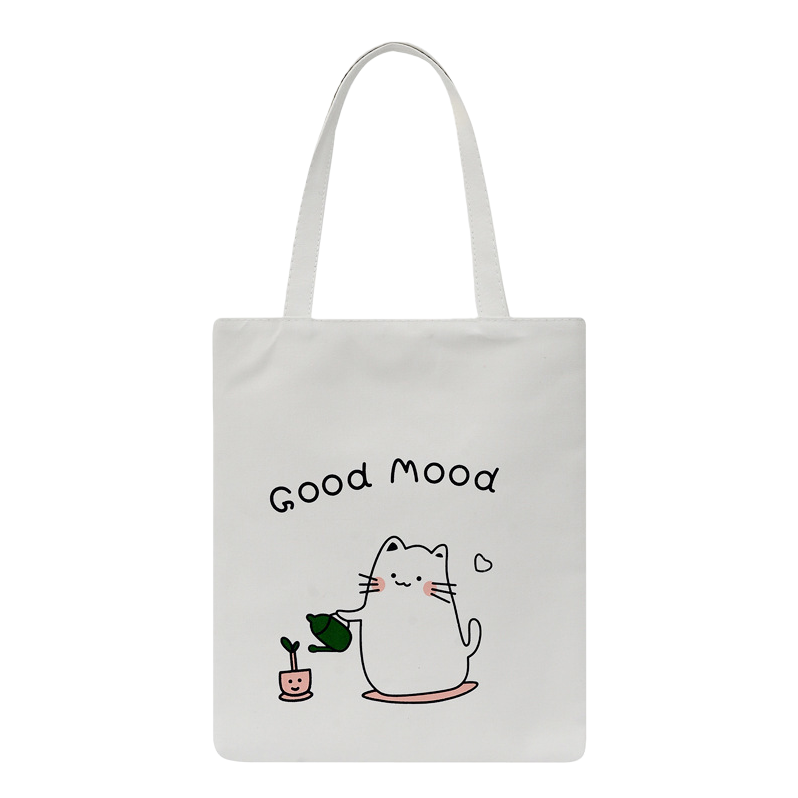 A white canvas bag with a cartoon cat watering pattern and the words "Good Mood" Item Picture