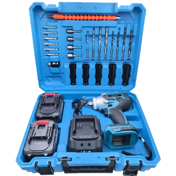 The blue toolbox set includes an electric impact wrench and a full set of accessories Item Picture