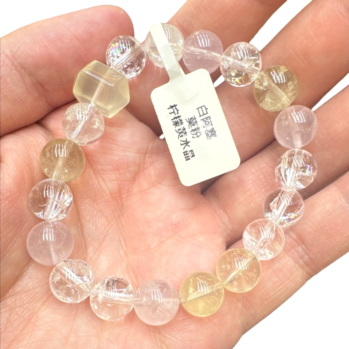 透明水晶手链，含黄晶与白水晶珠子，配六角形黄晶饰珠，附白色标签白底实物图