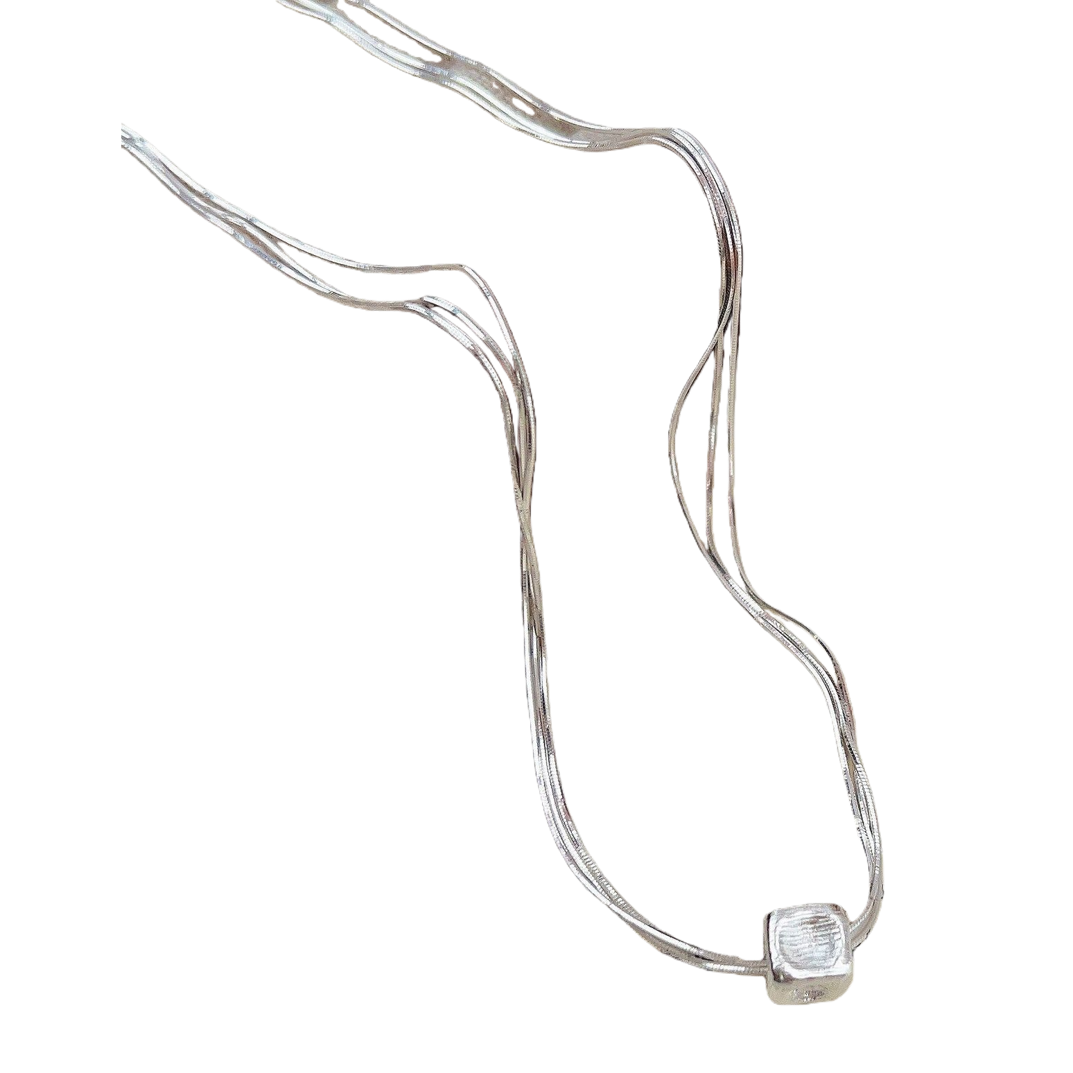 A silver multi-strand chain necklace with a square pendant Item Picture