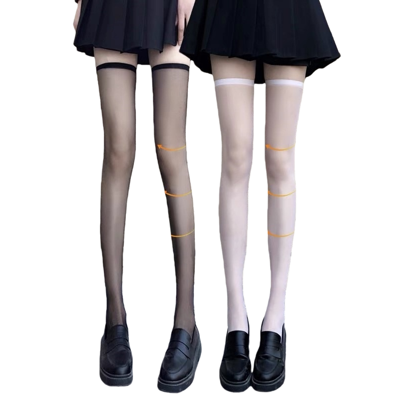 A close-up of a woman's legs with black and white pressure stockings, a pleated skirt and loafers Item Picture