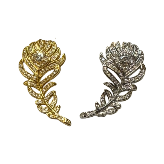 Gold and silver feather-shaped diamond-encrusted stud earrings Item Picture