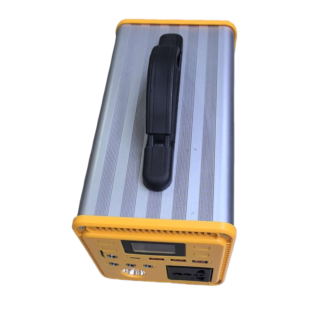 Portable power supply with silver striped shell and yellow frame Item Picture