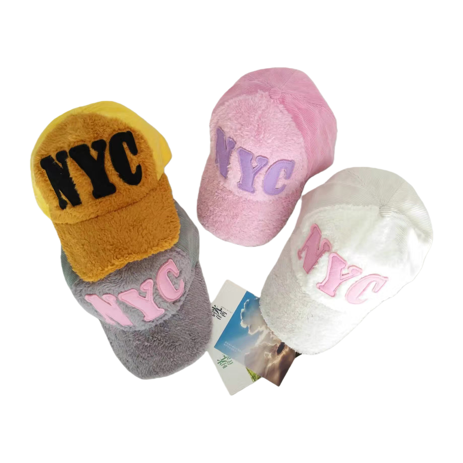 彩色毛绒NYC字母棒球帽 男女通用休闲百搭秋冬保暖帽白底实物图