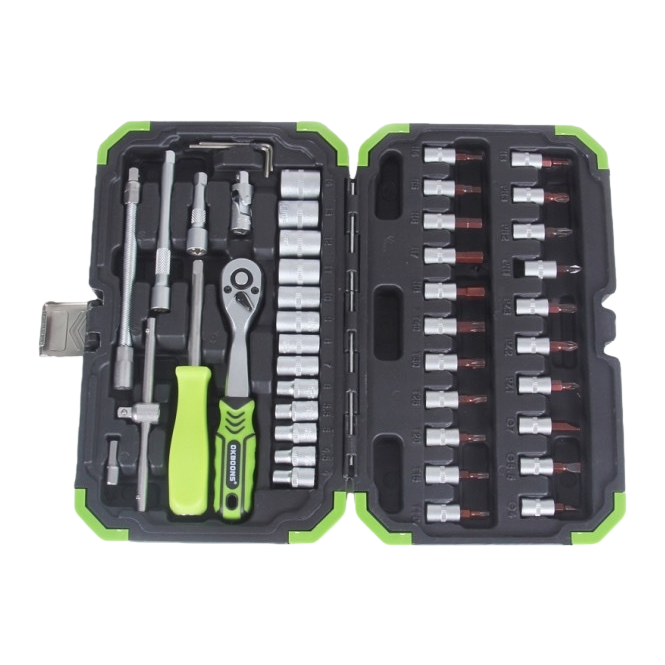 The black and green-edged toolbox contains multiple metal tools Item Picture